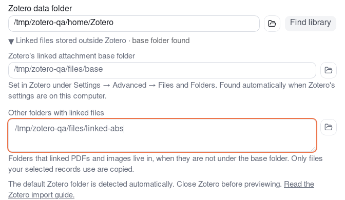 The Linked files stored outside Zotero section with the base folder filled in and one other folder added.