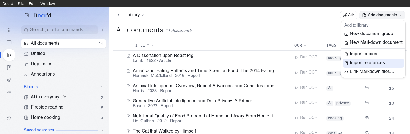 The Add documents menu in the Library with Import references… highlighted.
