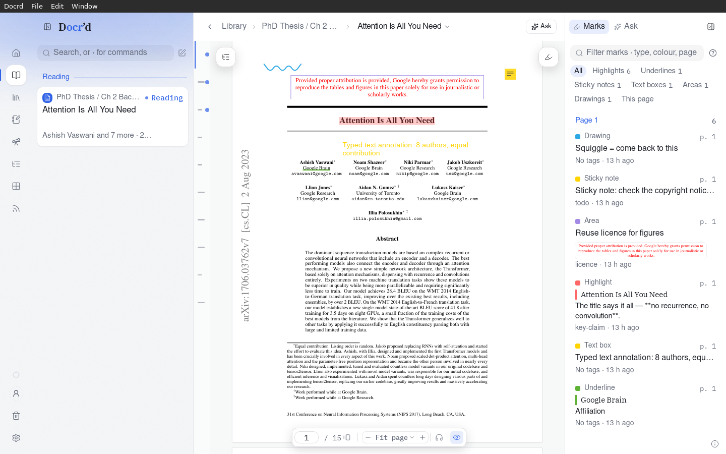 The reader with an imported PDF, its highlights visible on the page and listed in the Marks sidebar with their comments and tags.