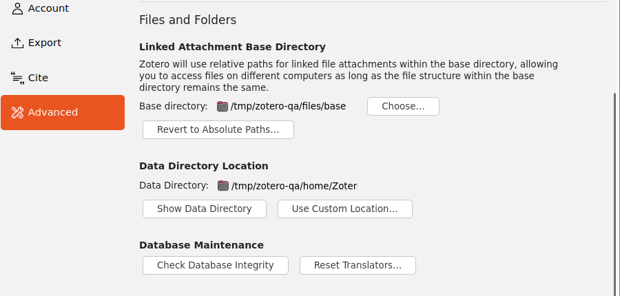 Zotero’s Files and Folders settings, showing the Data Directory Location and the Linked Attachment Base Directory.